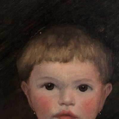 Huile sur toile XIXe jeune enfant portant son chat cadre doré
