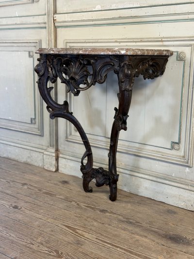Louis XV style console in carved oak, black patina, 18th century
