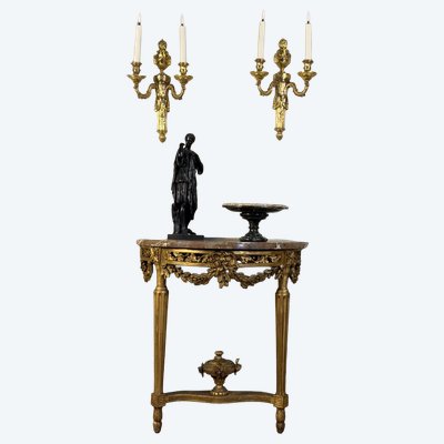 Console Louis XVI en bois doré, marbre de Rance, XVIIIème siècle