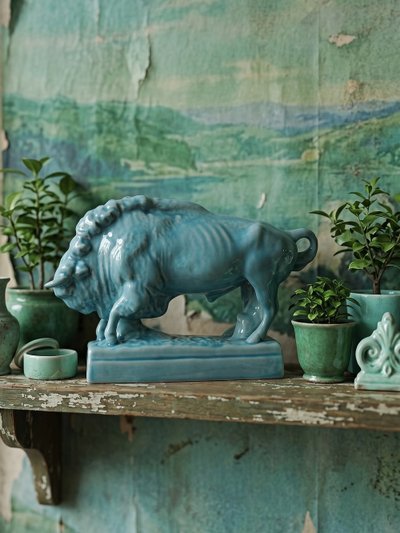 Bison Zsolnay en faïence émaillée turquoise, Hongrie, XXe siècle années 40-50