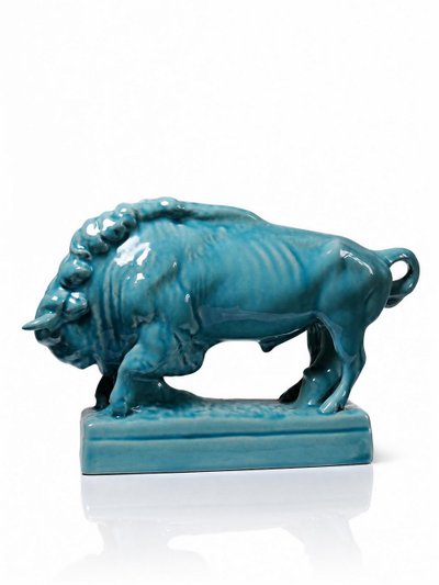 Bison Zsolnay en faïence émaillée turquoise, Hongrie, XXe siècle années 40-50