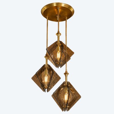 Lampada a sospensione di design in ottone e vetro fumé - anni '70