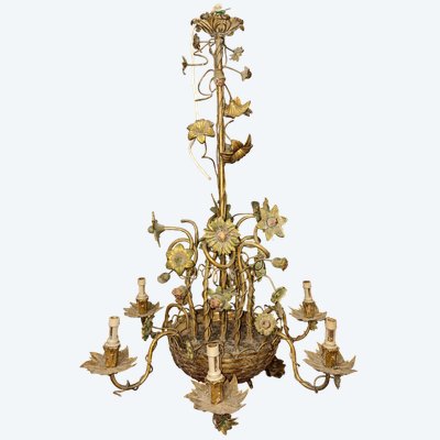 Grande lampadario floreale in stile Art Nouveau in bronzo e metallo patinato