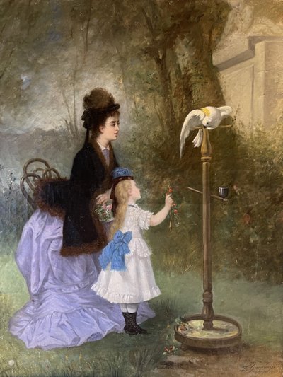 Young Woman and Her Daughter with a Cockatoo by Emile Gambogi, dated 1875