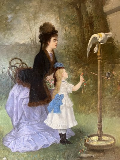 Young Woman and Her Daughter with a Cockatoo by Emile Gambogi, dated 1875