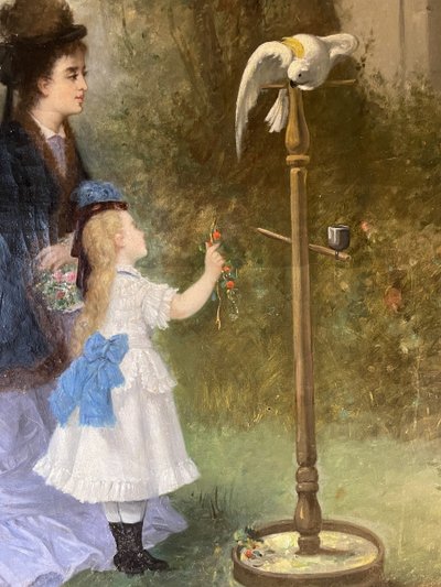 Young Woman and Her Daughter with a Cockatoo by Emile Gambogi, dated 1875