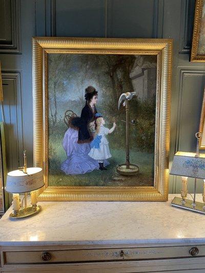Young Woman and Her Daughter with a Cockatoo by Emile Gambogi, dated 1875
