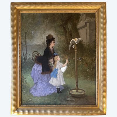 Young Woman and Her Daughter with a Cockatoo by Emile Gambogi, dated 1875
