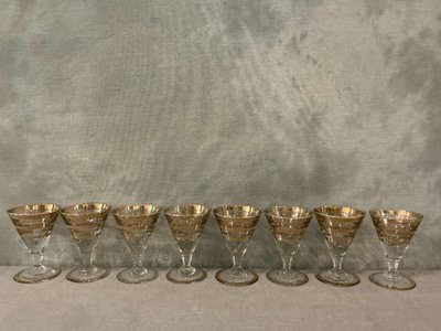 Set di 8 bicchieri da Porto in vetro con finiture dorate, circa 1930.