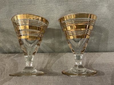 Set di 8 bicchieri da Porto in vetro con finiture dorate, circa 1930.