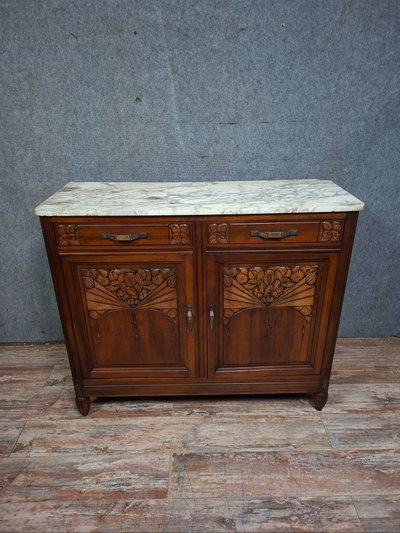 Art Deco sideboard in carved walnut and marble – Circa 1930