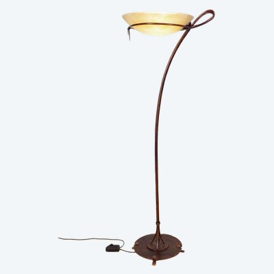 Vintage-Stehlampe aus patiniertem Metall und Glas – um 1980