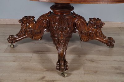 Large Renaissance-style carved oak pedestal table, circa 1900