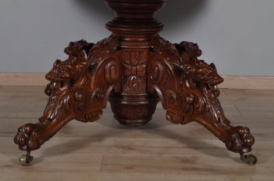 Large Renaissance-style carved oak pedestal table, circa 1900