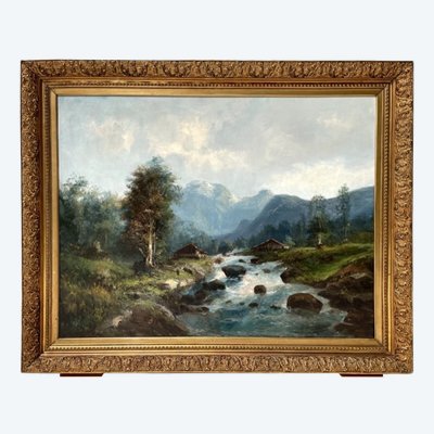 Emile Godchaux – Paysage de montagne au torrent, huile sur toile