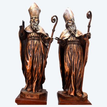 Pair Of Wooden Sculptures Representing 2 Bishops