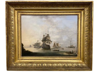 Dominique de Bast (1781-1842), Marina con velieri in una baia, 1820