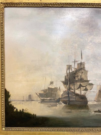 Dominique de Bast (1781-1842), Marina con velieri in una baia, 1820