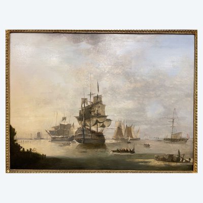Dominique de Bast (1781-1842), Marine aux voiliers dans une baie, 1820