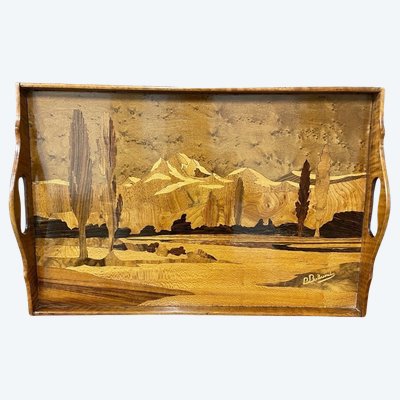Art Nouveau inlaid tray made of precious wood, circa 1900