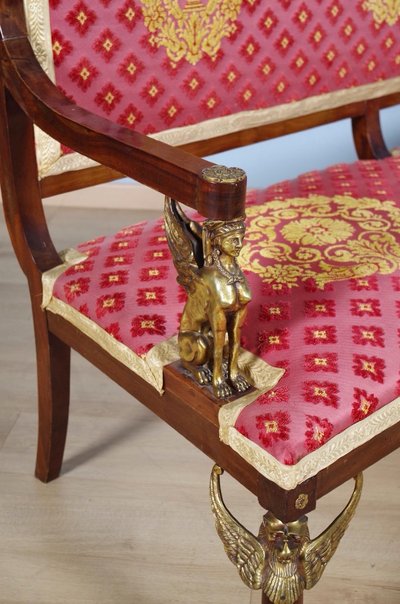 "Return from Egypt" sofa in mahogany and gilded bronze with sphinxes, circa 1900