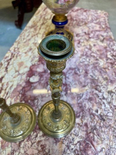 Ferdinand Barbedienne – Pair of Renaissance-style candlesticks in gilded bronze, circa 1880