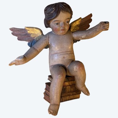 Large Angel, Putto in polychrome carved wood, 18th century