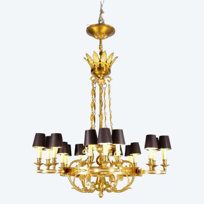 Maison Lucien Gau - Lampadario in stile Impero in bronzo dorato a quindici luci