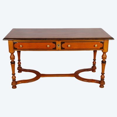 Bureau plat style Louis XIV en merisier naturel et noirci, vers 1980