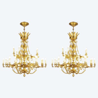 Coppia di lampadari in stile Impero di Lucien Gau in bronzo dorato, XX secolo