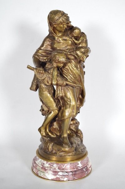 Mathurin Moreau (1822-1912) - Retour de pêche, bronze à patine mordorée