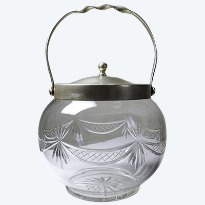 Antique Bohemian engraved crystal and silver-plated metal bubble-shaped pot/bonbonniere, 1920-1940