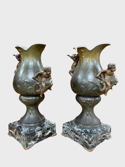Pair of Napoleon III vases in patinated spelter and green marble, circa 1880