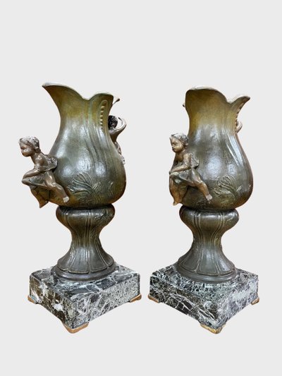 Pair of Napoleon III vases in patinated spelter and green marble, circa 1880