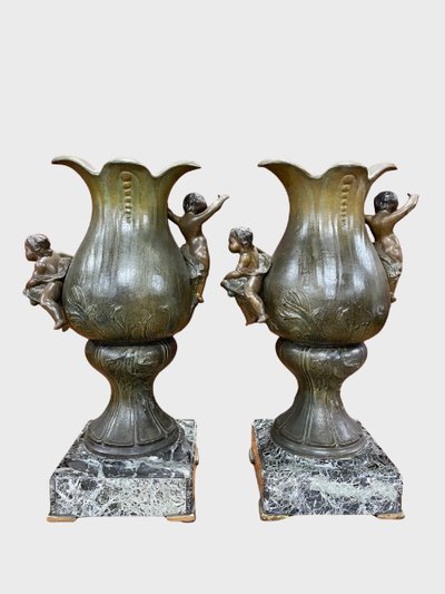 Pair of Napoleon III vases in patinated spelter and green marble, circa 1880