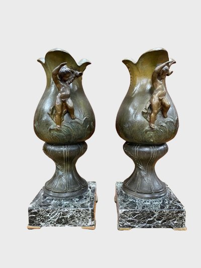 Pair of Napoleon III vases in patinated spelter and green marble, circa 1880