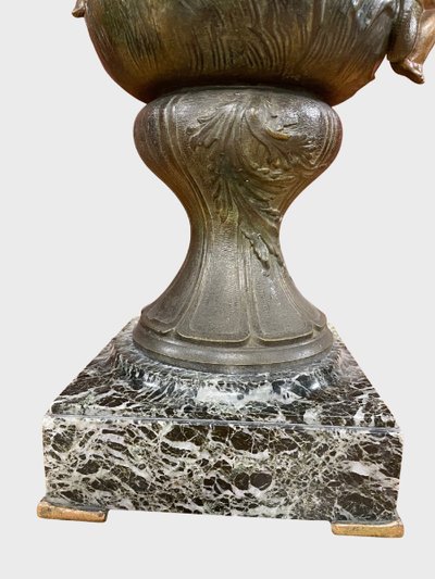 Pair of Napoleon III vases in patinated spelter and green marble, circa 1880