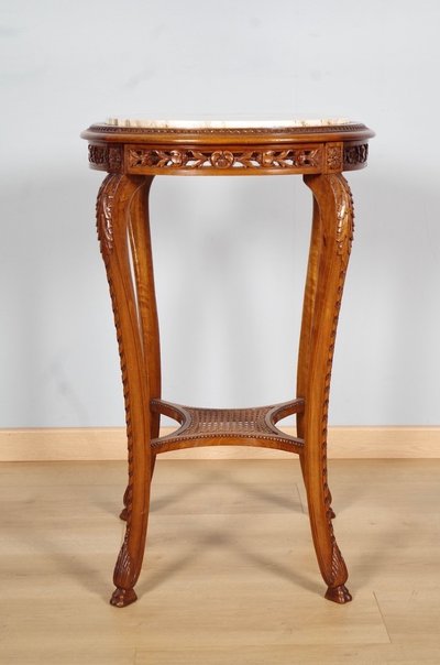 Regence-style armchair in carved walnut and marble, circa 1900