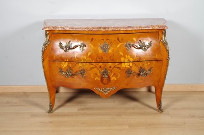 Commode Louis XV en bois de rose et marqueterie florale, vers 1950