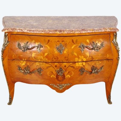 Commode Louis XV en bois de rose et marqueterie florale, vers 1950