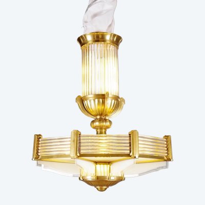 Henri Petitot (1914–1938) Art-déco-Kronleuchter aus Glas und vergoldeter Bronze, um 1930