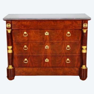 Commode Empire en ronce d'acajou et bronze doré, marbre Turquin, vers 1810