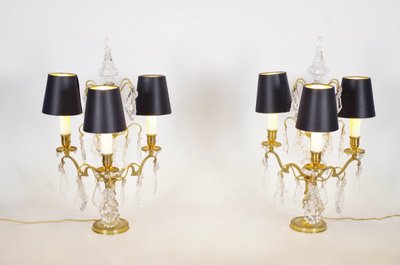 Coppia di lampade a braccio in bronzo e vetro con pendenti, 1950 circa