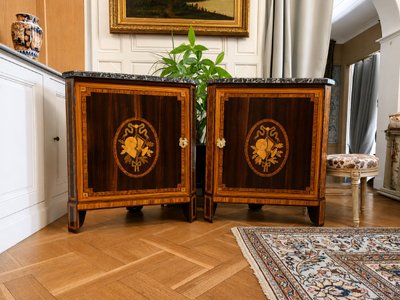 Paire d'encoignures d'époque Louis XVI à décor de trophées des sciences et de la géographie.