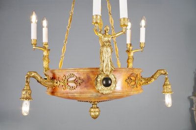 Eight-light Empire-style chandelier in gilded bronze and alabaster, circa 1900