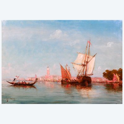 Emile GODCHAUX 1860-1938 Bateaux à Venise, très grand tableau vers 1900, marine Italie paysage