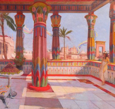 Roberto Colin 1879-1935 Egypt, Terrace at Luxor, large painting, Salon, 1924-25 Karnak landscape