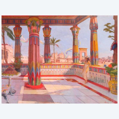 Roberto Colin 1879-1935 Egypt, Terrace at Luxor, large painting, Salon, 1924-25 Karnak landscape