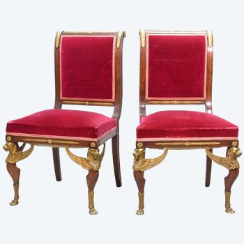 Pair Of Visitor Chairs In Mahogany And Gilt Bronze Empire Style With Griffins Decor