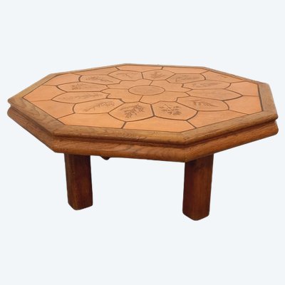 Tavolino ottagonale Barrois con motivi vintage da erbario in legno di rovere e ceramica Vallauris